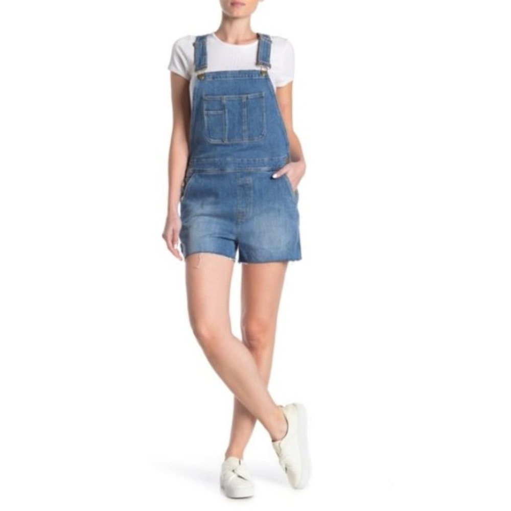 FRAME Le Garçon Raw Trimmed Bib Shortall Overall Shorts in Islet Size Small